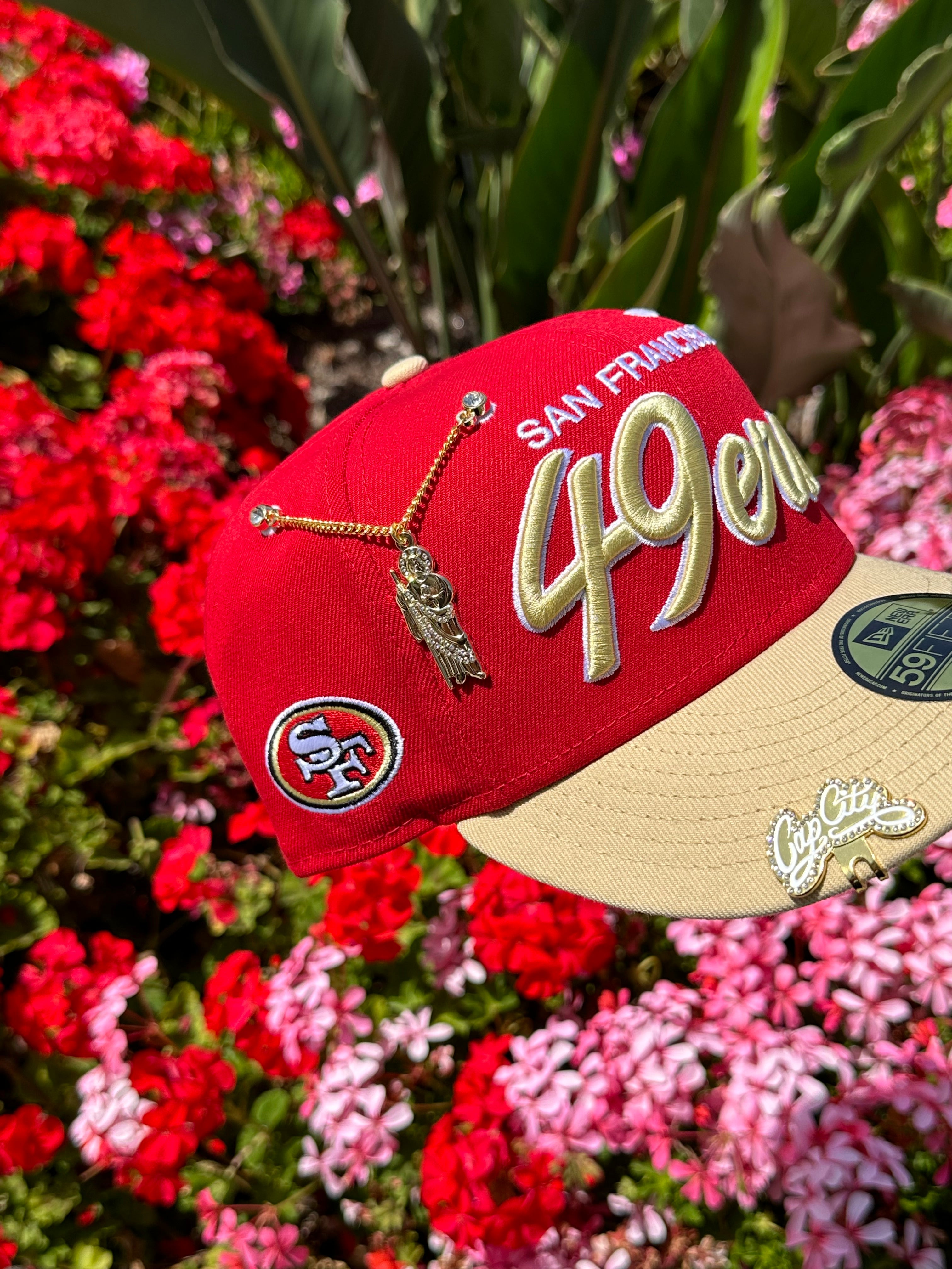 NEW ERA EXCLUSIVE 59FIFTY RED/KHAKI SAN FRANSICO "49ERS" SCRIPT W/ SF NINERS LOGO SIDE PATCH
