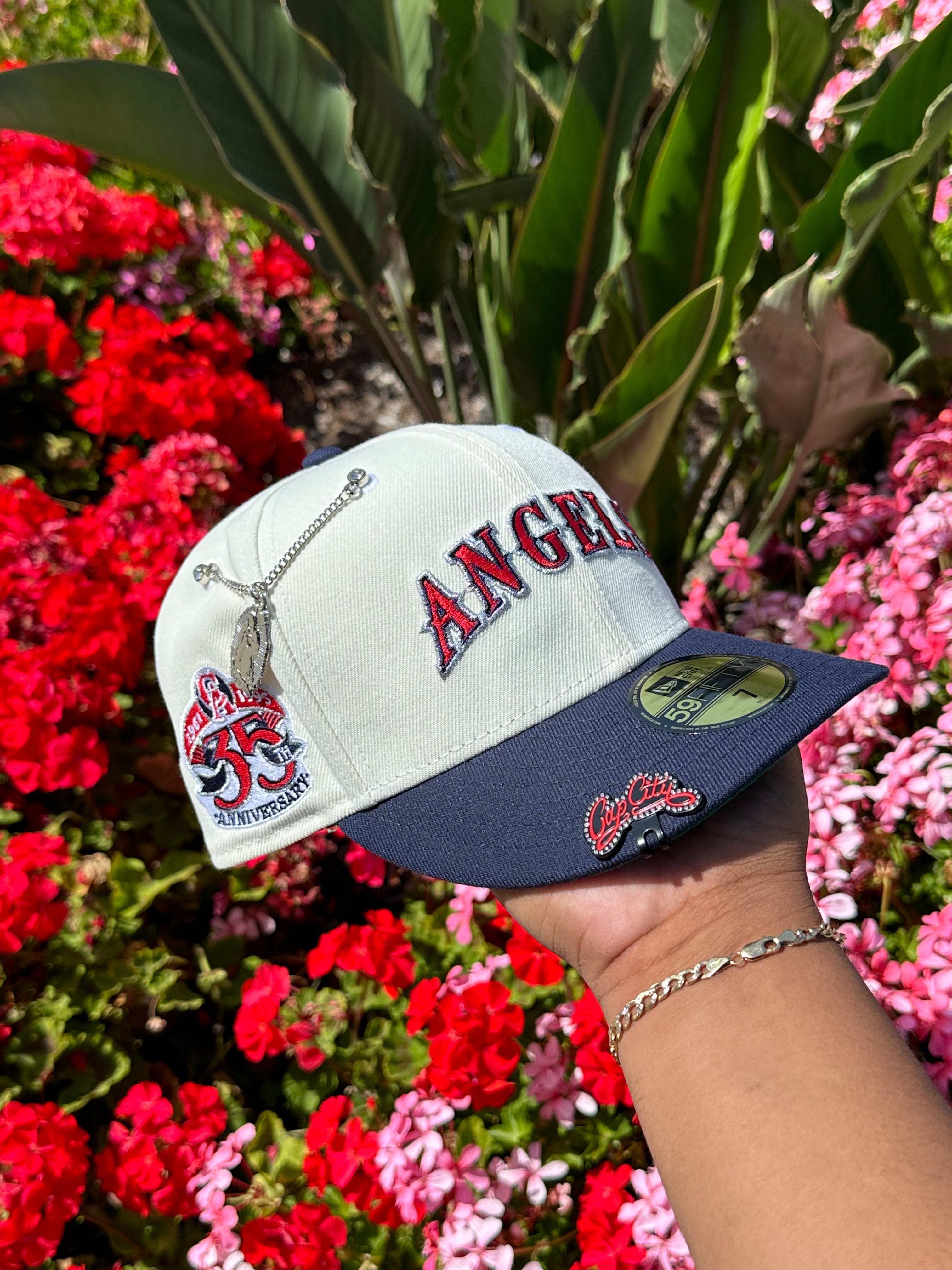 NEW ERA EXCLUSIVE 59FIFTY CHROME WHITE/NAVY ANAHEIM ANGELS W/ 35TH ANNIVERSARY SIDE PATCH