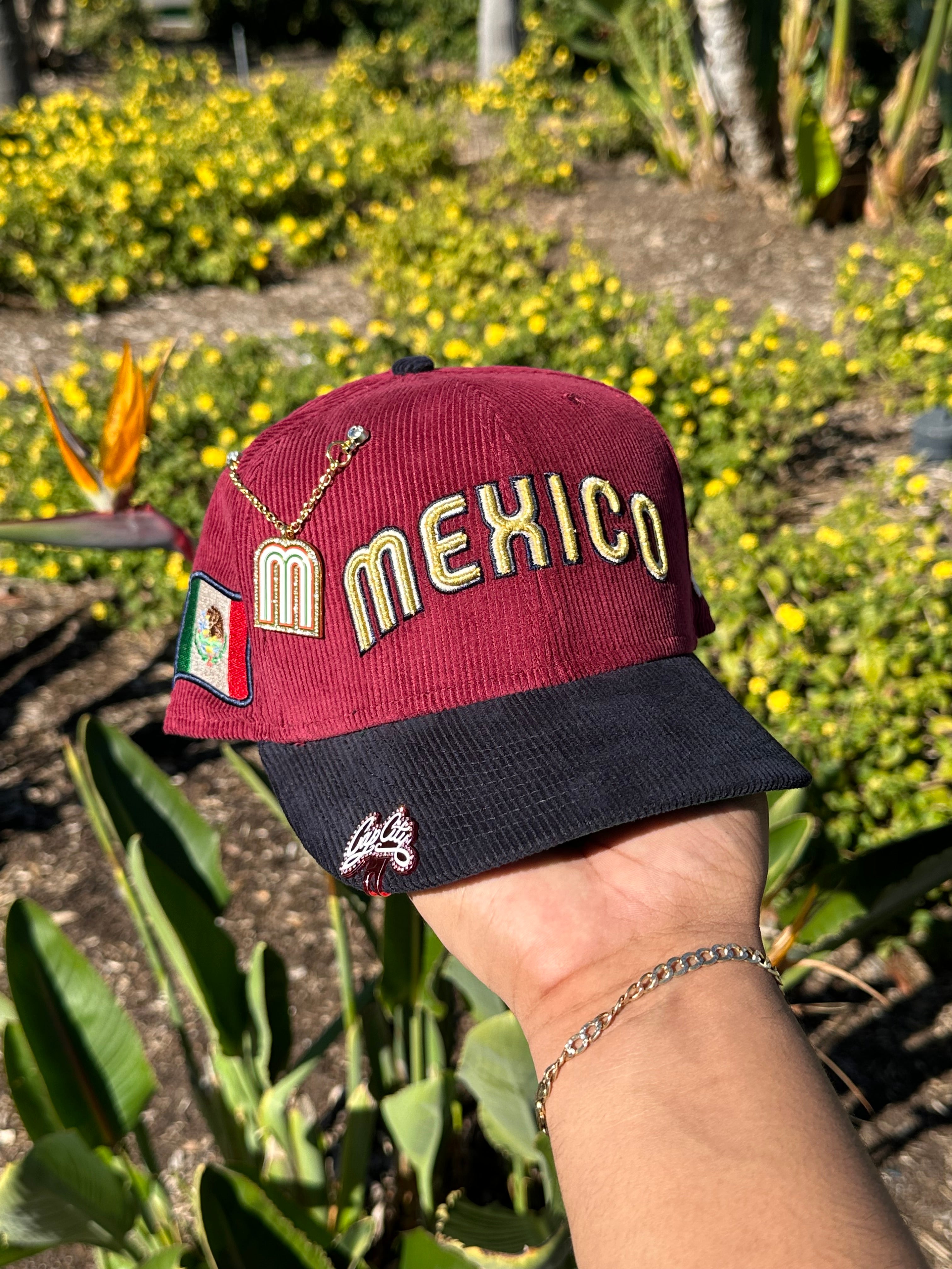 NEW ERA EXCLUSIVE 59FIFTY BURGUNDY/NAVY CORDUROY MEXICO SCRIPT W/ MEXICO FLAG SIDE PATCH