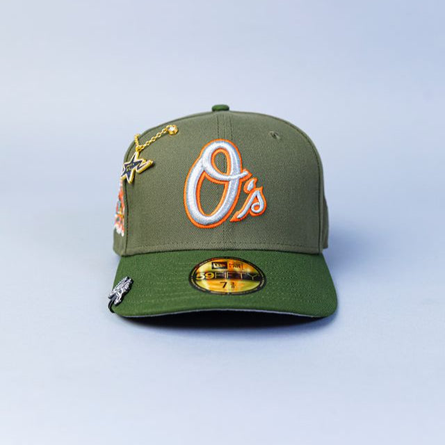 NEW ERA EXCLUSIVE 59FIFTY OLIVE BALTIMORE ORIOLES W/ 50TH ANNIVERSARY SIDE PATCH