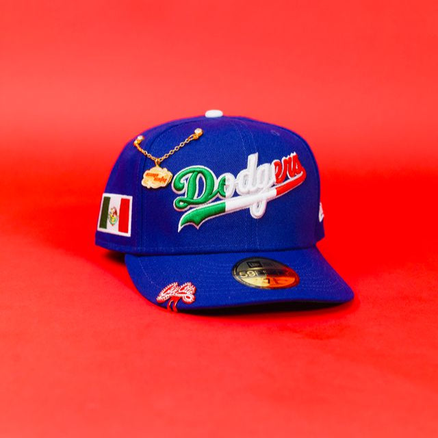 NEW ERA EXCLUSIVE 59FIFTY BLUE LOS ANGELES DODGERS SCRIPT W/ MEXICAN FLAG LOGO + MEXICO FLAG SIDE PATCH