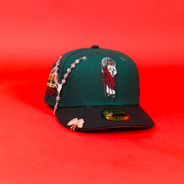 NEW ERA EXCLUSIVE 59FIFTY FOREST GREEN/ BLACK SAN JUDAS W/ "CAP CITY 15TH ANNIVERSARY" SIDE PATCH