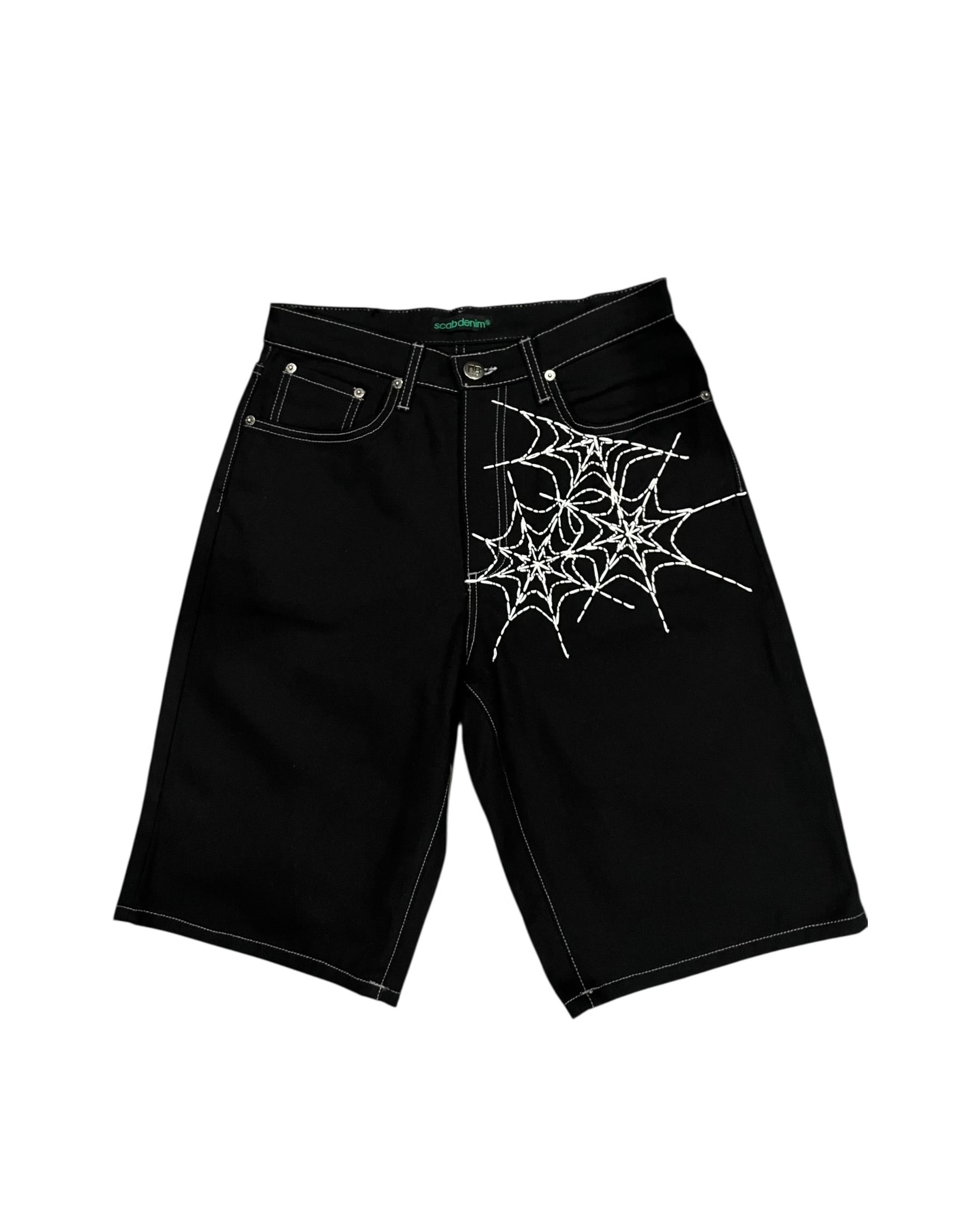 EXCLUSIVE CLUB BLACK SPIDER WEB JEAN SHORTS