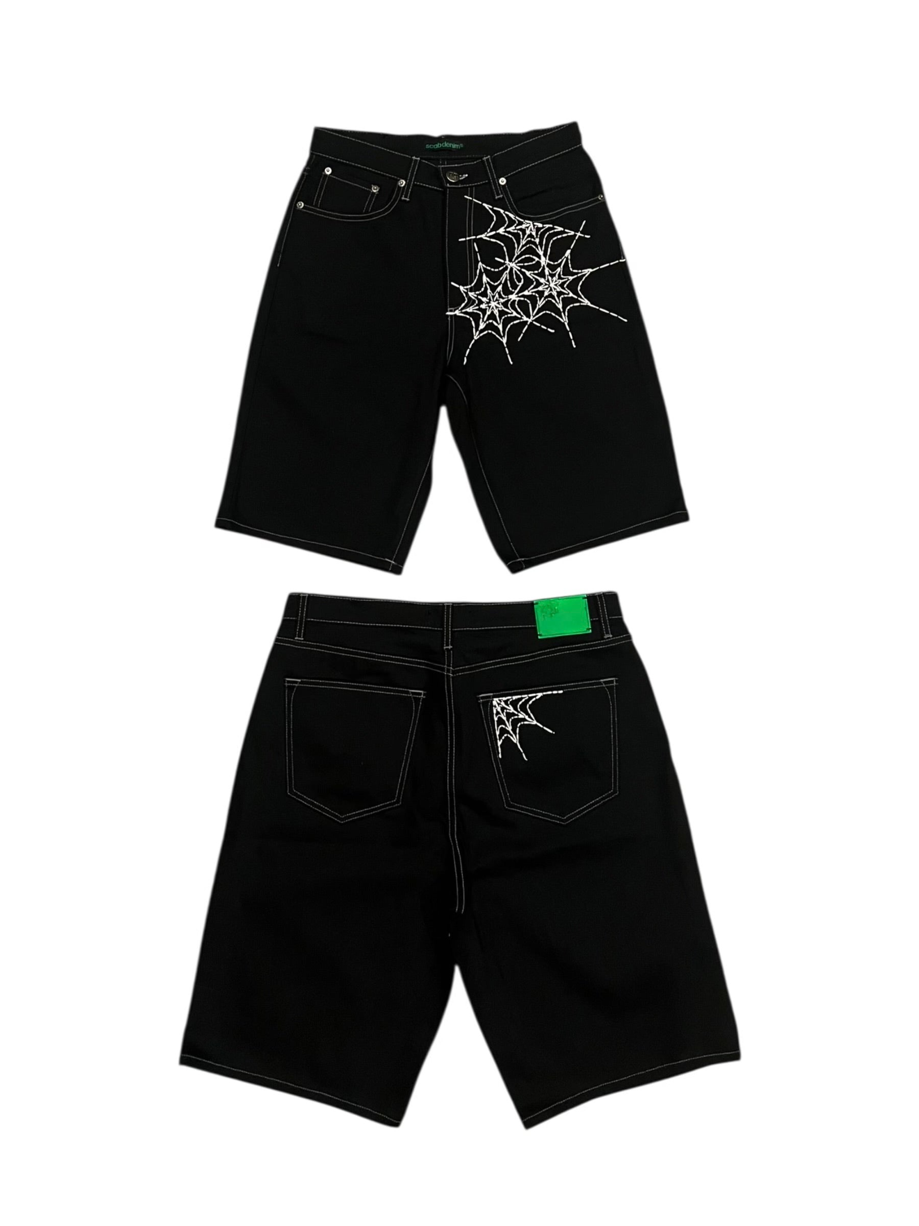 EXCLUSIVE CLUB BLACK SPIDER WEB JEAN SHORTS