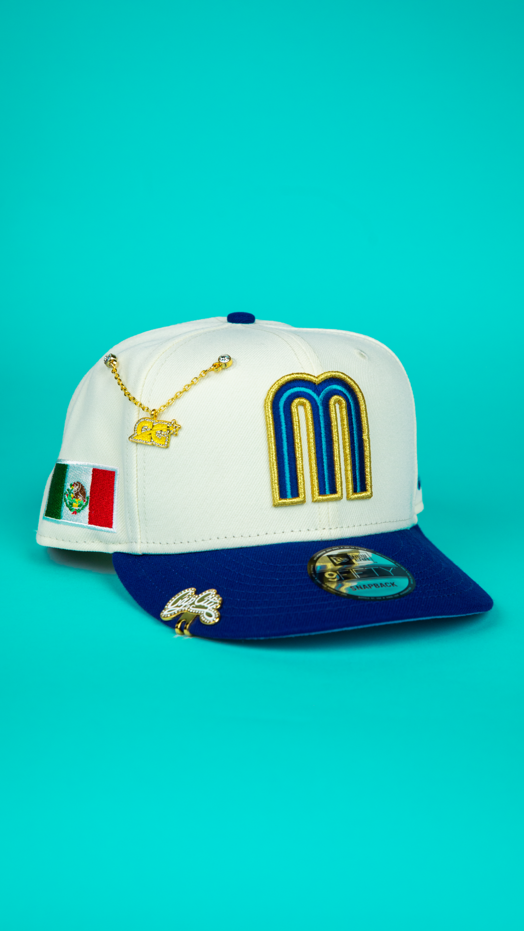 NEW ERA 9FIFTY CHROME/ BLUE MEXICO WBC SNAPBACK W/ MEXICO FLAG SIDE PATCH