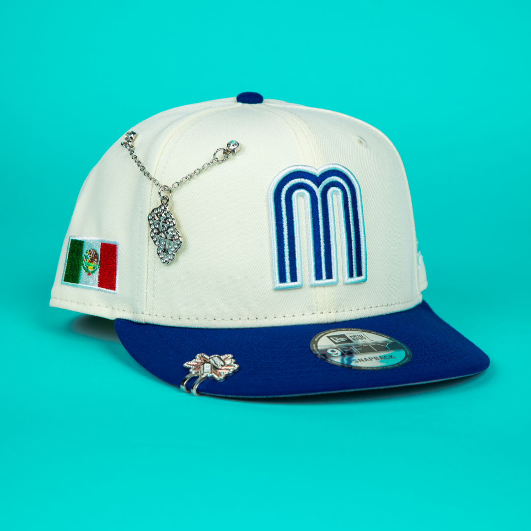 NEW ERA 9FIFTY CHROME/ BLUE MEXICO WBC SNAPBACK W/ MEXICO FLAG SIDE PATCH