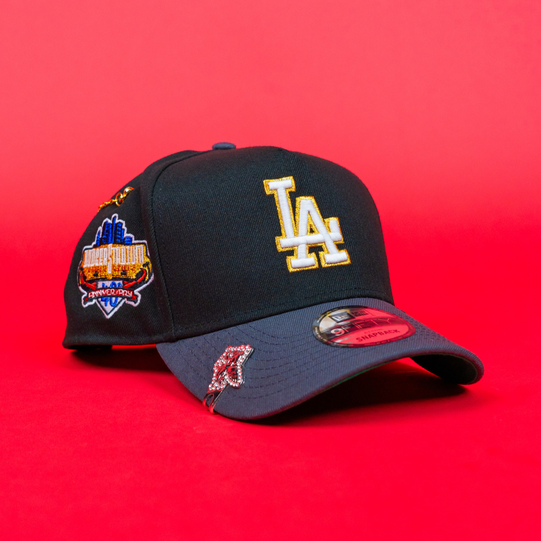 NEW ERA 9FIFTY A-FRAME BLACK/ GREY LOS ANGELES DODGERS SNAPBACK W/ 40TH ANNIVERSARY SIDE PATCH