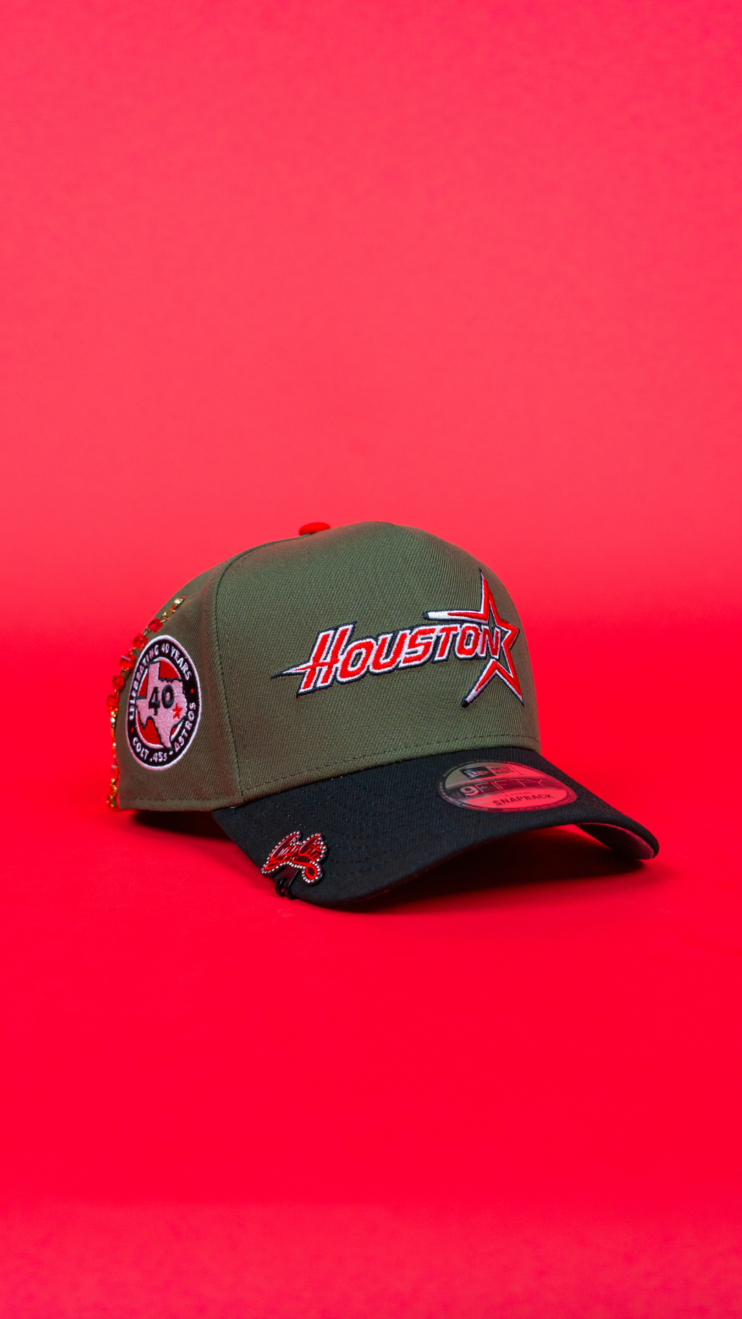 NEW ERA 9FIFTY A-FRAME OLIVE/ BLACK HOUSTON ASTROS SCRIPT W/ 40TH ANNIVERSARY SIDE PATCH