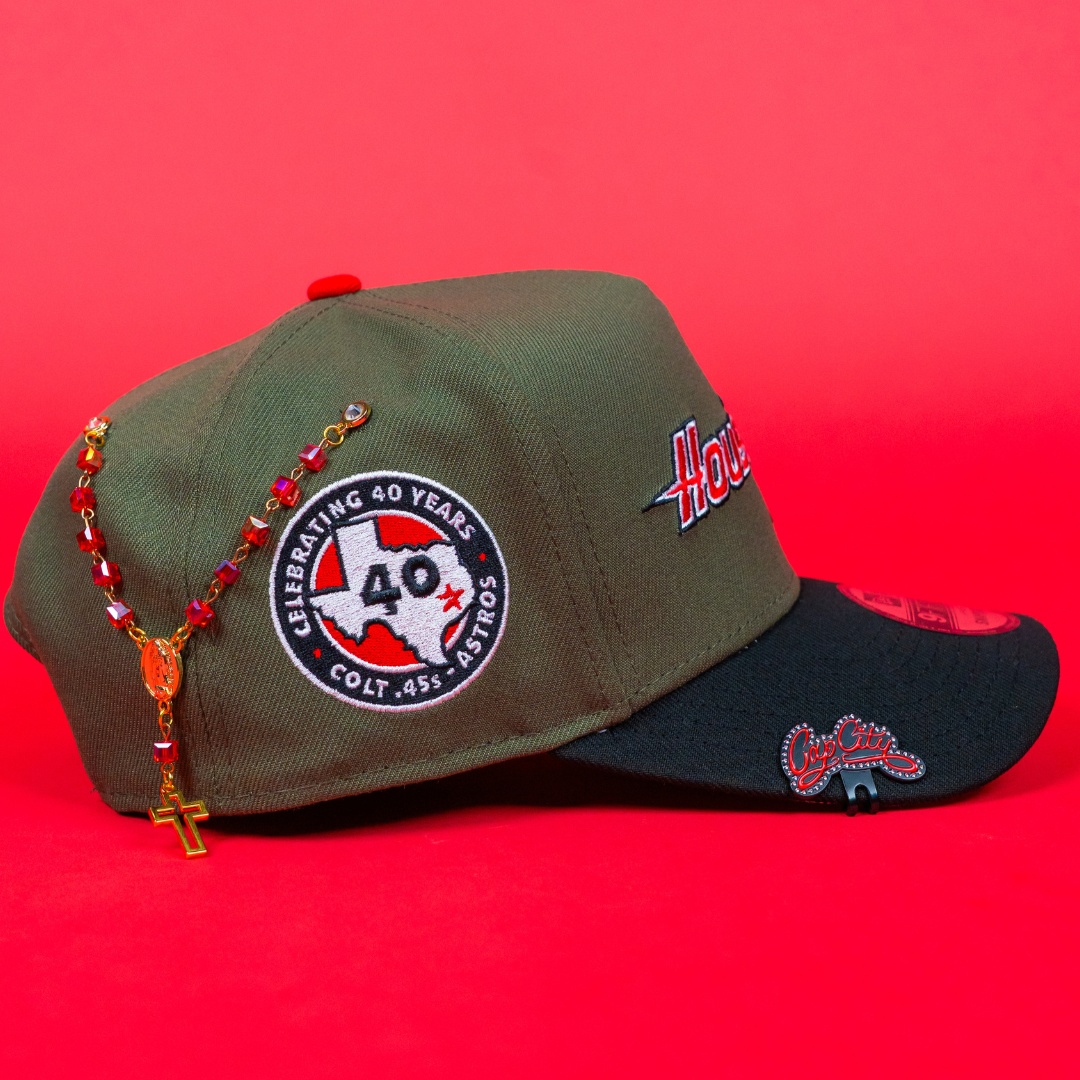 NEW ERA 9FIFTY A-FRAME OLIVE/ BLACK HOUSTON ASTROS SCRIPT W/ 40TH ANNIVERSARY SIDE PATCH