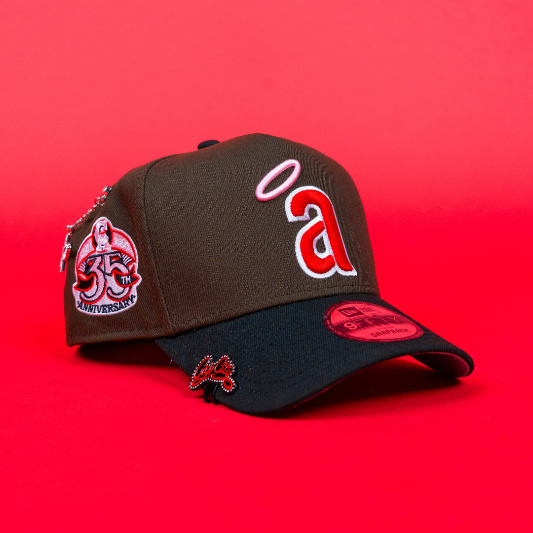 NEW ERA 9FIFTY A-FRAME BROWN/ BLACK ANAHEIM ANGELS SNAPBACK W/ 35TH ANNIVERSARY SIDE PATCH