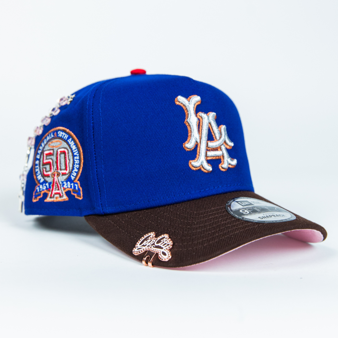 NEW ERA 9FIFTY A-FRAME BLUE/ BROWN LOS ANGELES ANGELS SNAPBACK W/ 50TH ANNIVERSARY SIDE PATCH
