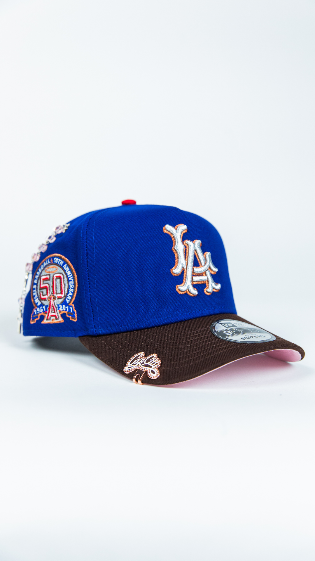 NEW ERA 9FIFTY A-FRAME BLUE/ BROWN LOS ANGELES ANGELS SNAPBACK W/ 50TH ANNIVERSARY SIDE PATCH