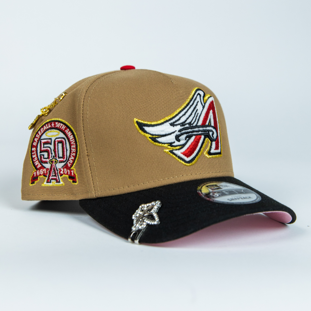 NEW ERA 9FIFTY A-FRAME CAMEL BROWN ANAHEIM ANGELS SNAPBACK W/ 50TH ANNIVERSARY SIDE PATCH