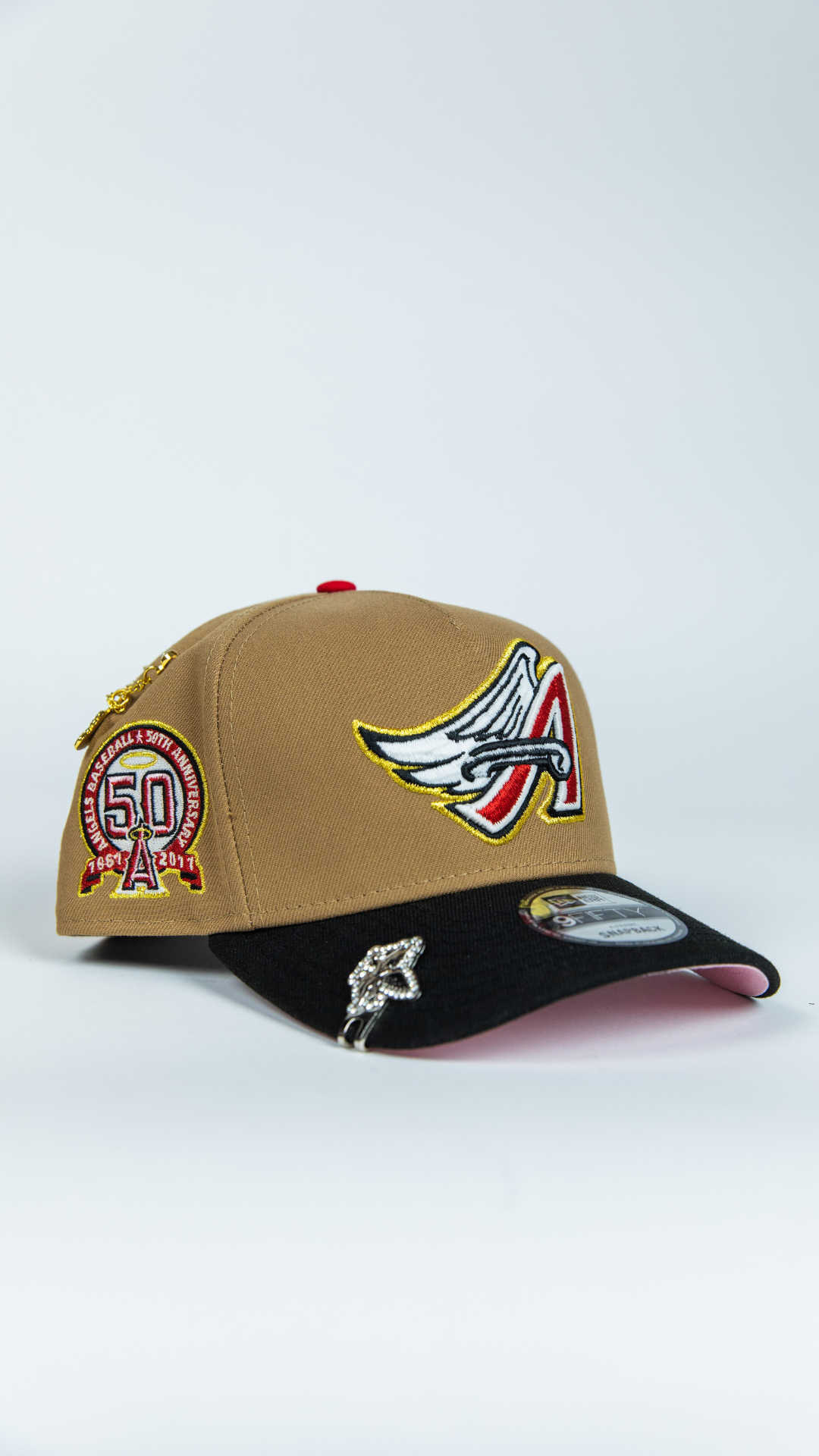 NEW ERA 9FIFTY A-FRAME CAMEL BROWN ANAHEIM ANGELS SNAPBACK W/ 50TH ANNIVERSARY SIDE PATCH