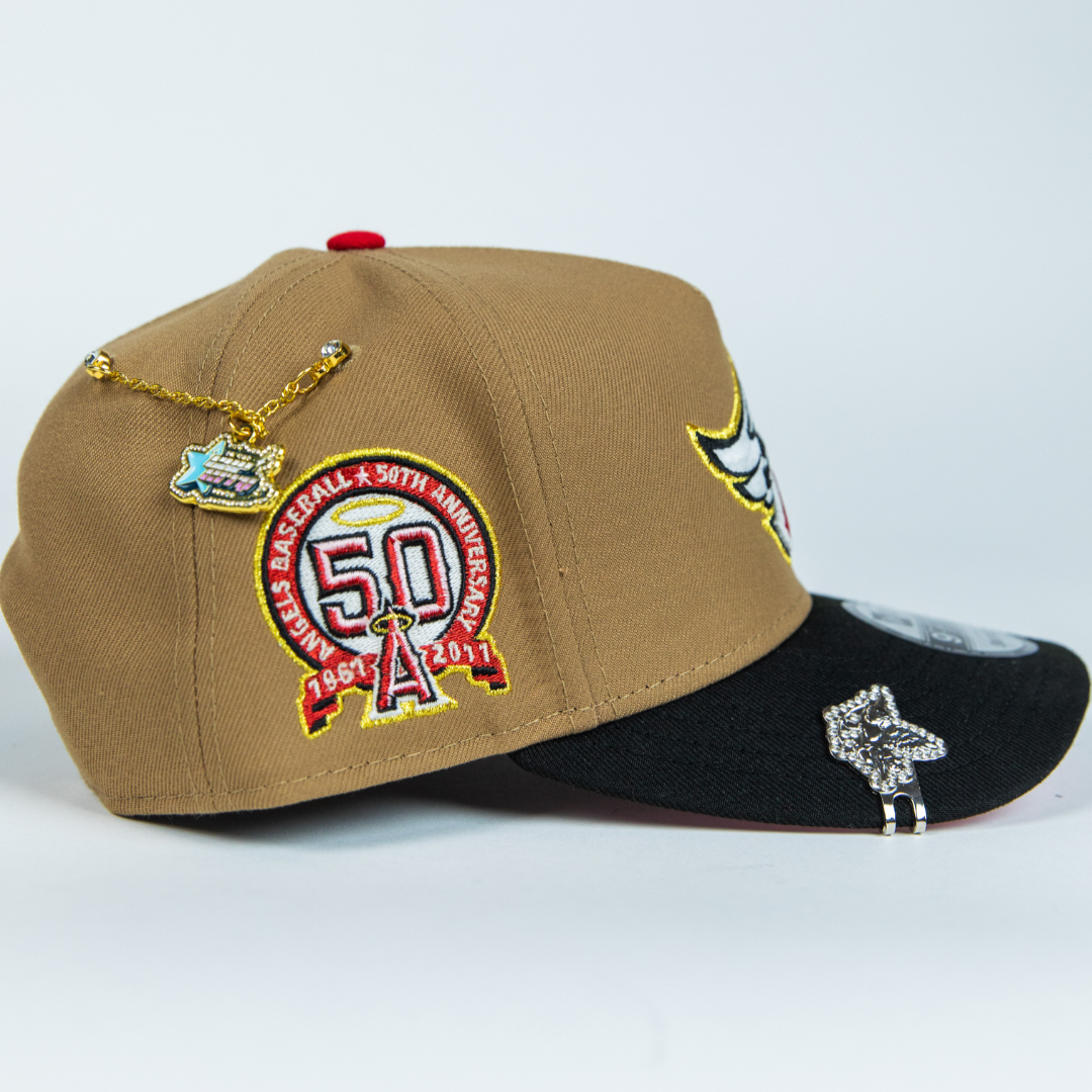 NEW ERA 9FIFTY A-FRAME CAMEL BROWN ANAHEIM ANGELS SNAPBACK W/ 50TH ANNIVERSARY SIDE PATCH