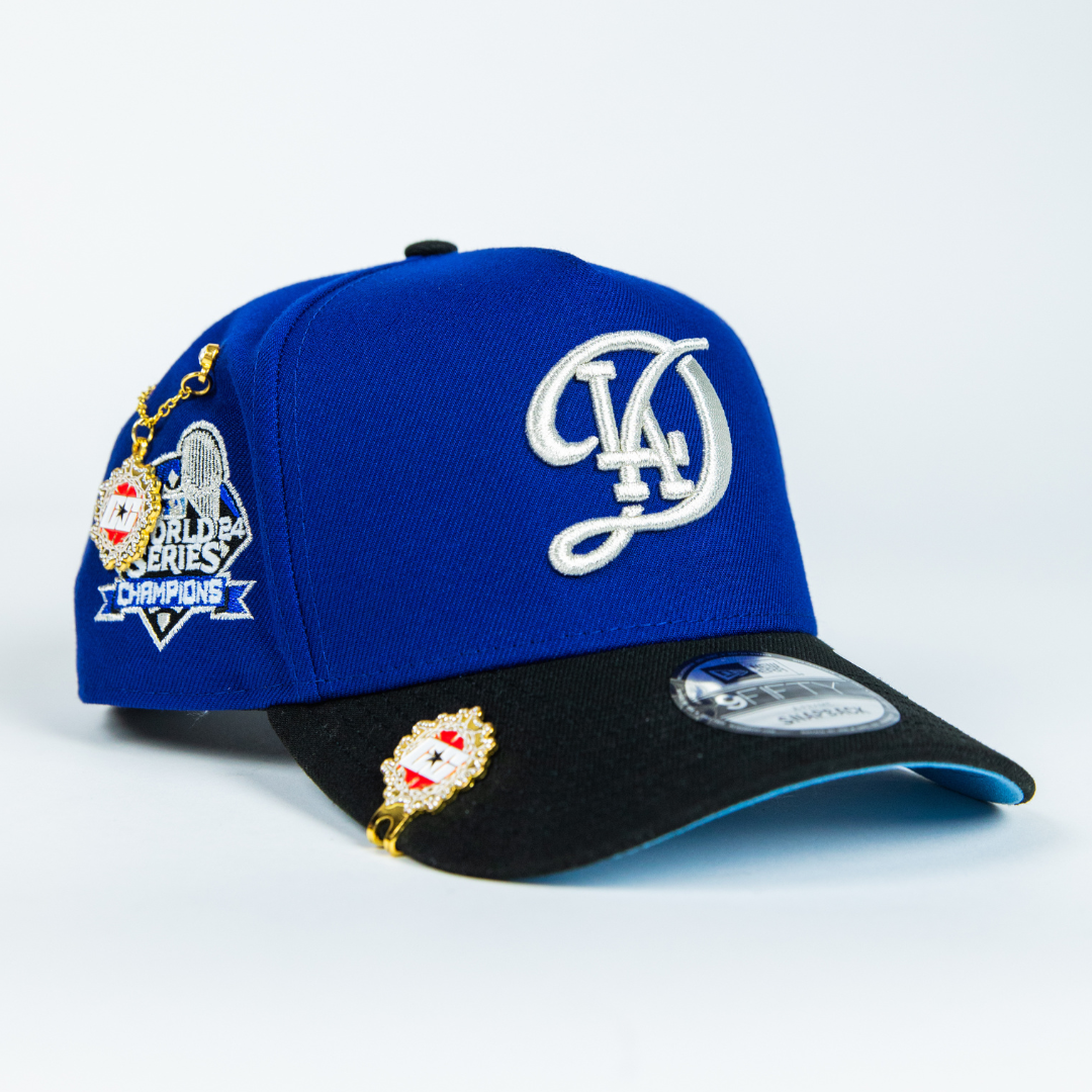 NEW ERA 9FIFTY A-FRAME DARK BLUE/ BLACK LOS ANGELES DODGERS SNAPBACK W/ 2024 WORLD SERIES CHAMPIONS SIDE PATCH