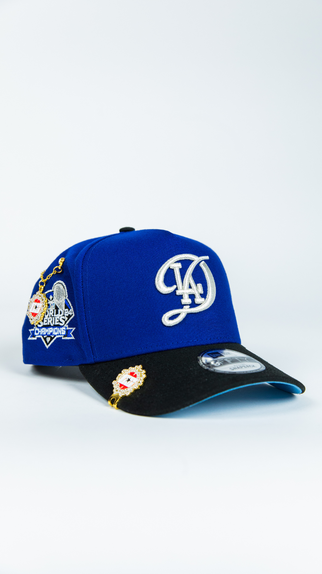 NEW ERA 9FIFTY A-FRAME DARK BLUE/ BLACK LOS ANGELES DODGERS SNAPBACK W/ 2024 WORLD SERIES CHAMPIONS SIDE PATCH