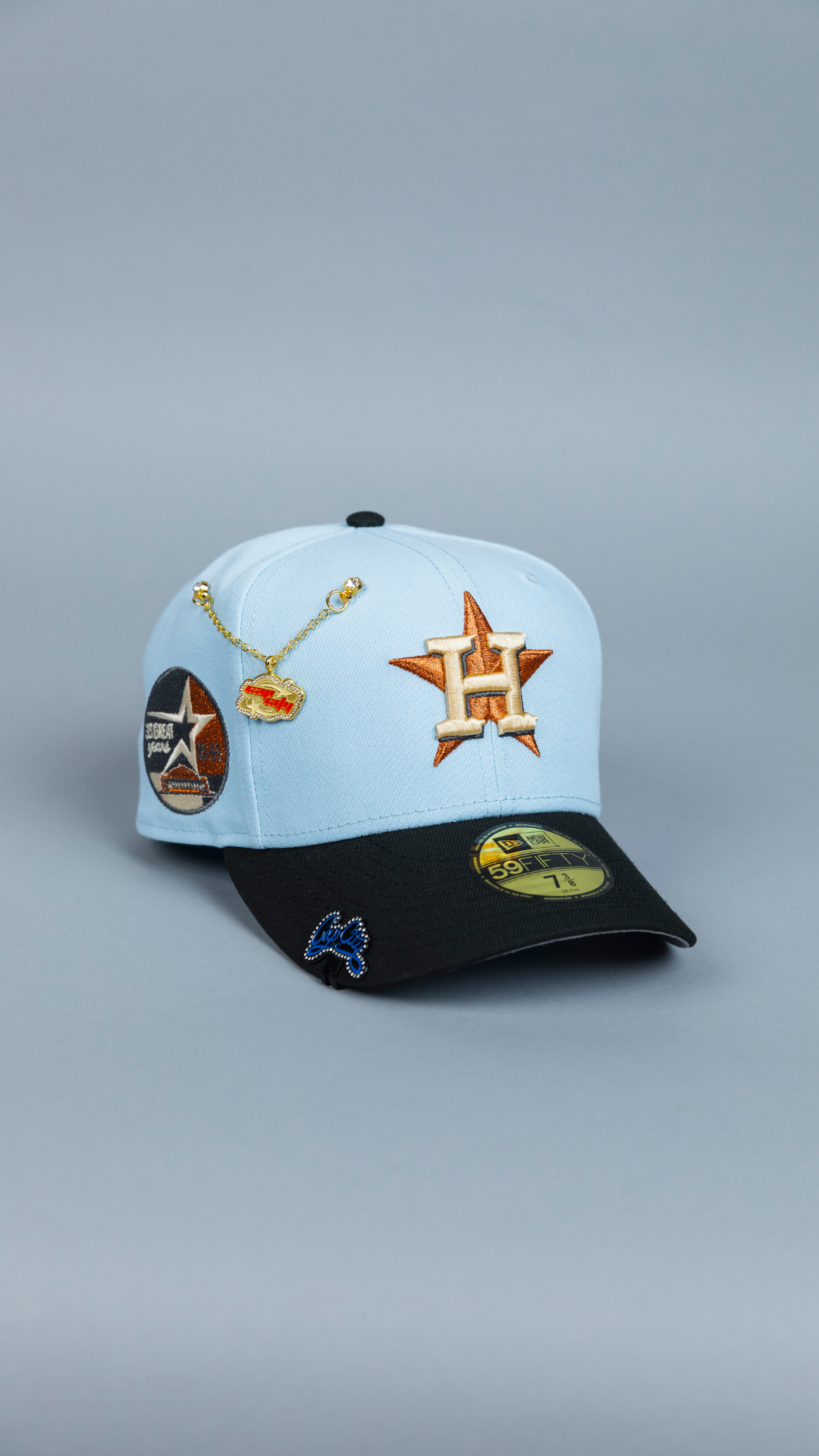NEW ERA EXCLUSIVE 59FIFTY SKY BLUE/ BLACK HOUSTON ASTROS W/ 35TH ANNIVERSARY SIDE PATCH