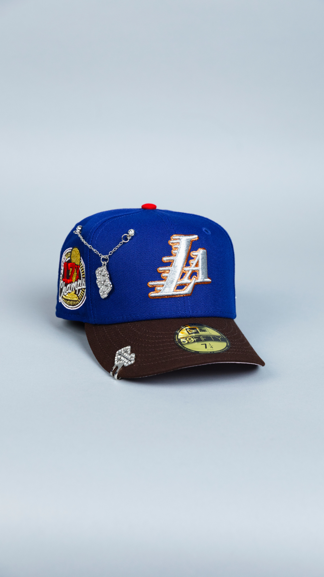 NEW ERA EXCLUSIVE 59FIFTY DARK BLUE/ BROWN LOS ANGELES LAKERS W/ 17X CHAMPIONS SIDE PATCH