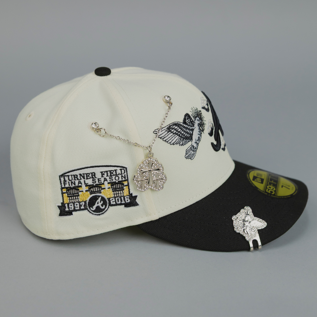 NEW ERA EXCLUSIVE 59FIFTY CHROME/ BLACK ATLANTA BRAVES "HEAVENLY CITY" W/ TURNER FIELD SIDE PATCH *FREE BLIP INCLUDED