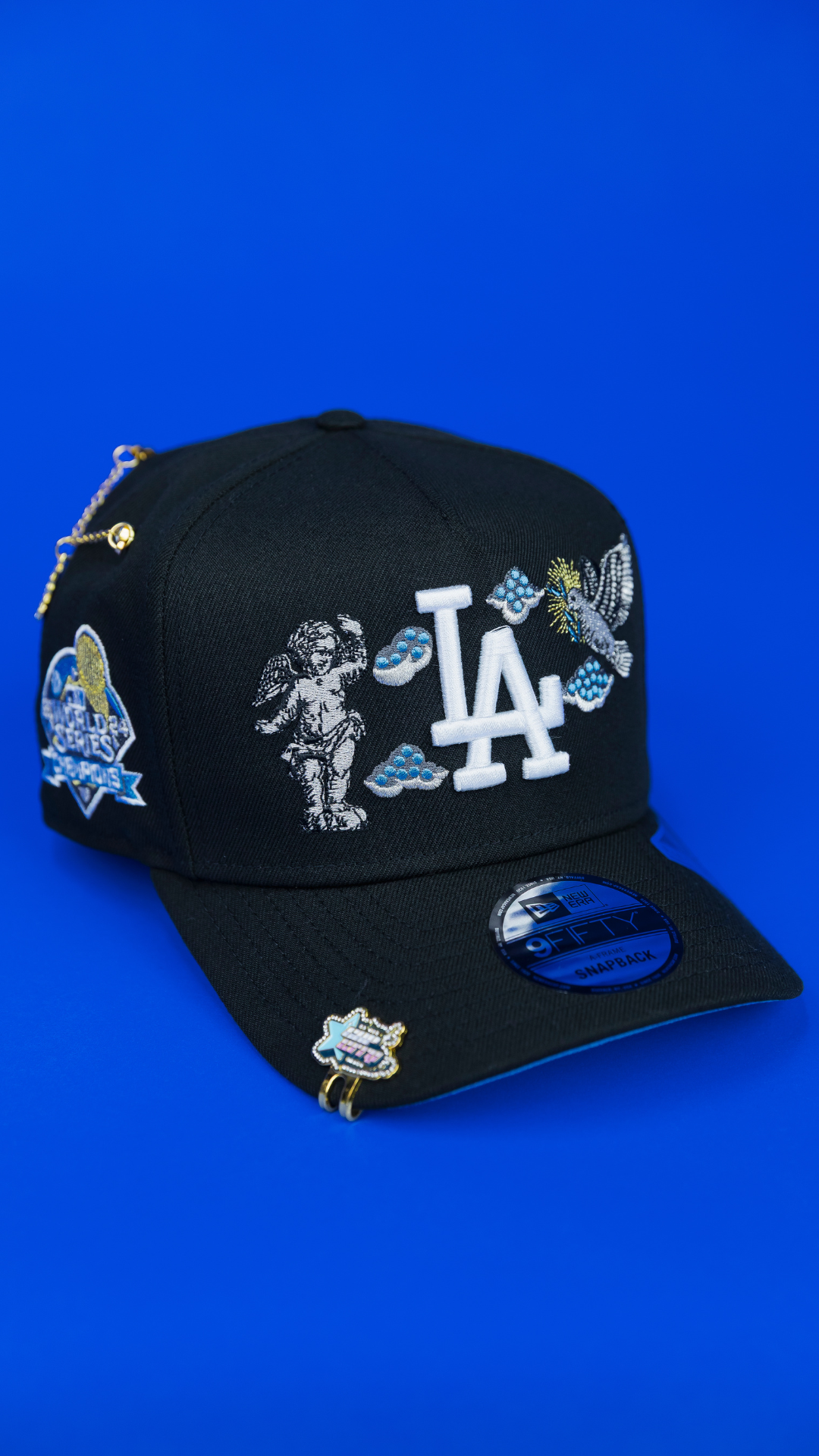 NEW ERA EXCLUSIVE 9FIFTY A-FRAME BLACK LOS ANGELES DODGERS "HEAVENLY CITY" W/ WORLD SERIES CHAMPIONS SIDE PATCH *FREE BLIP INCLUDED