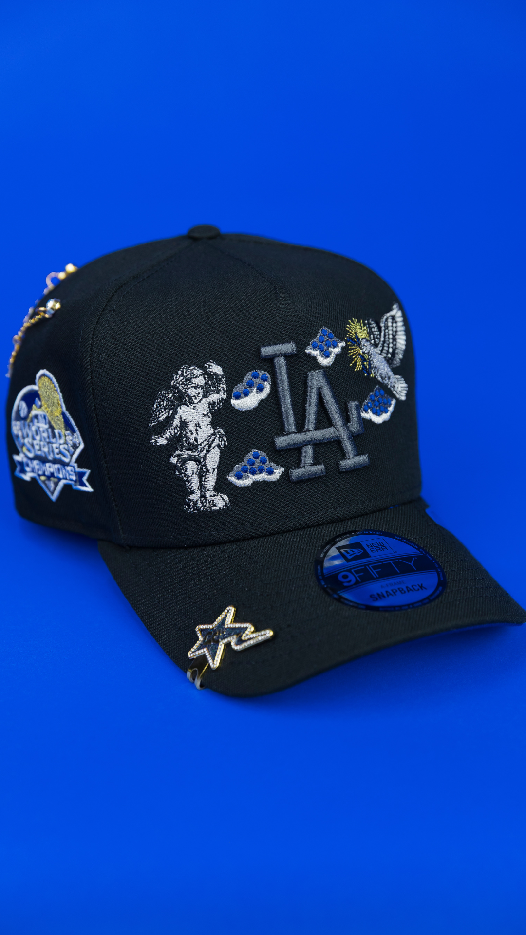 NEW ERA EXCLUSIVE 9FIFTY A-FRAME BLACKED OUT LOS ANGELES DODGERS "HEAVENLY CITY" W/ WORLD SERIES CHAMPIONS SIDE PATCH *FREE BLIP INCLUDED
