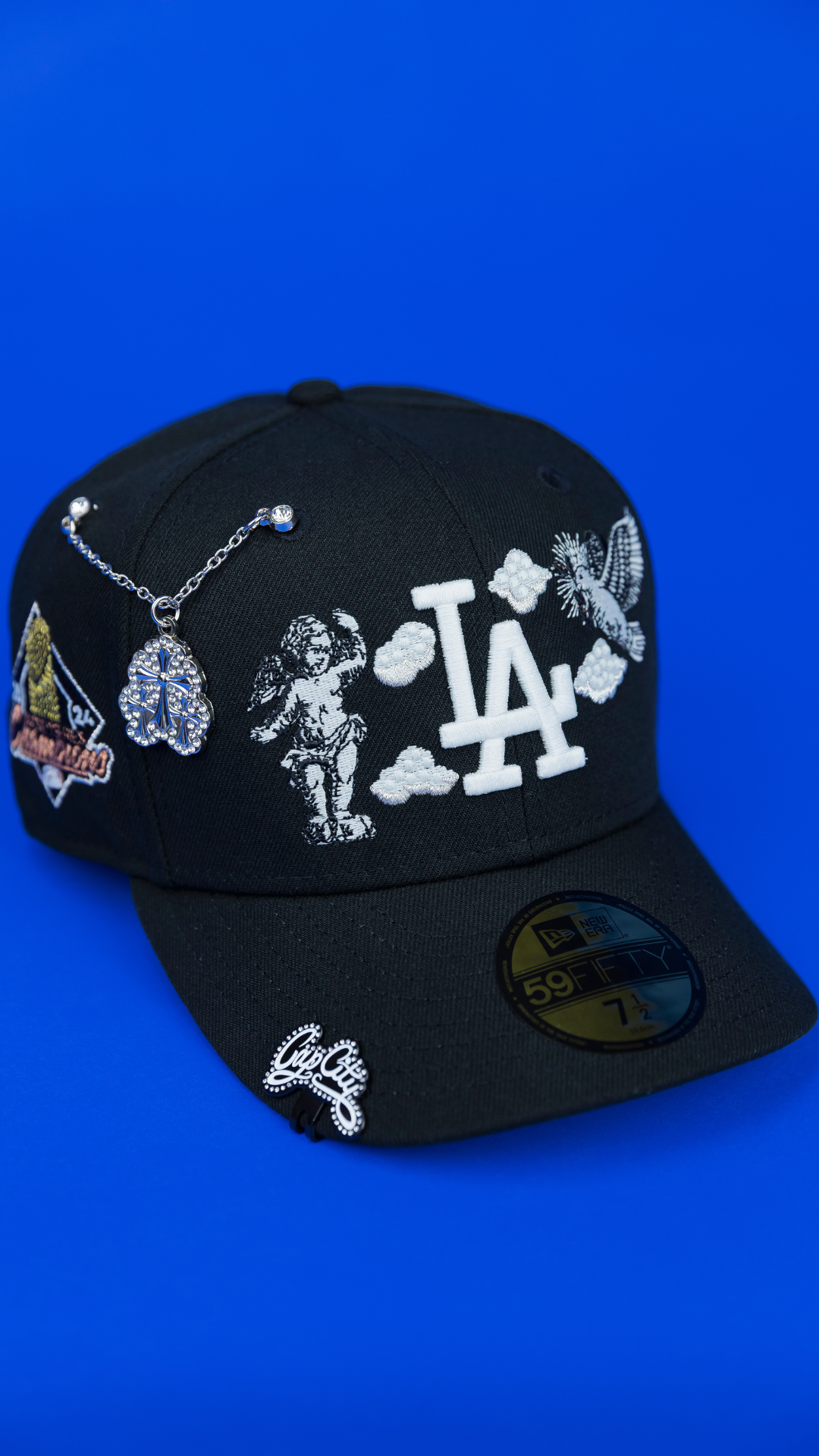 NEW ERA EXCLUSIVE 59FIFTY BLACK LOS ANGELES DODGERS "HEAVENLY CITY" W/ WORLD SERIES CHAMPIONS SIDE PATCH *FREE BLIP INCLUDED