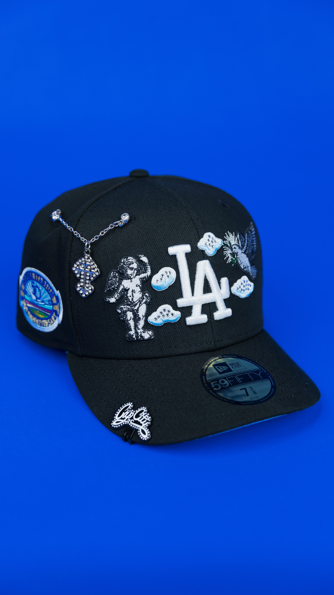 NEW ERA EXCLUSIVE 59FIFTY BLACK LOS ANGELES DODGERS "HEAVENLY CITY" W/ 50TH ANNIVERSARY SIDE PATCH *FREE BLIP INCLUDED