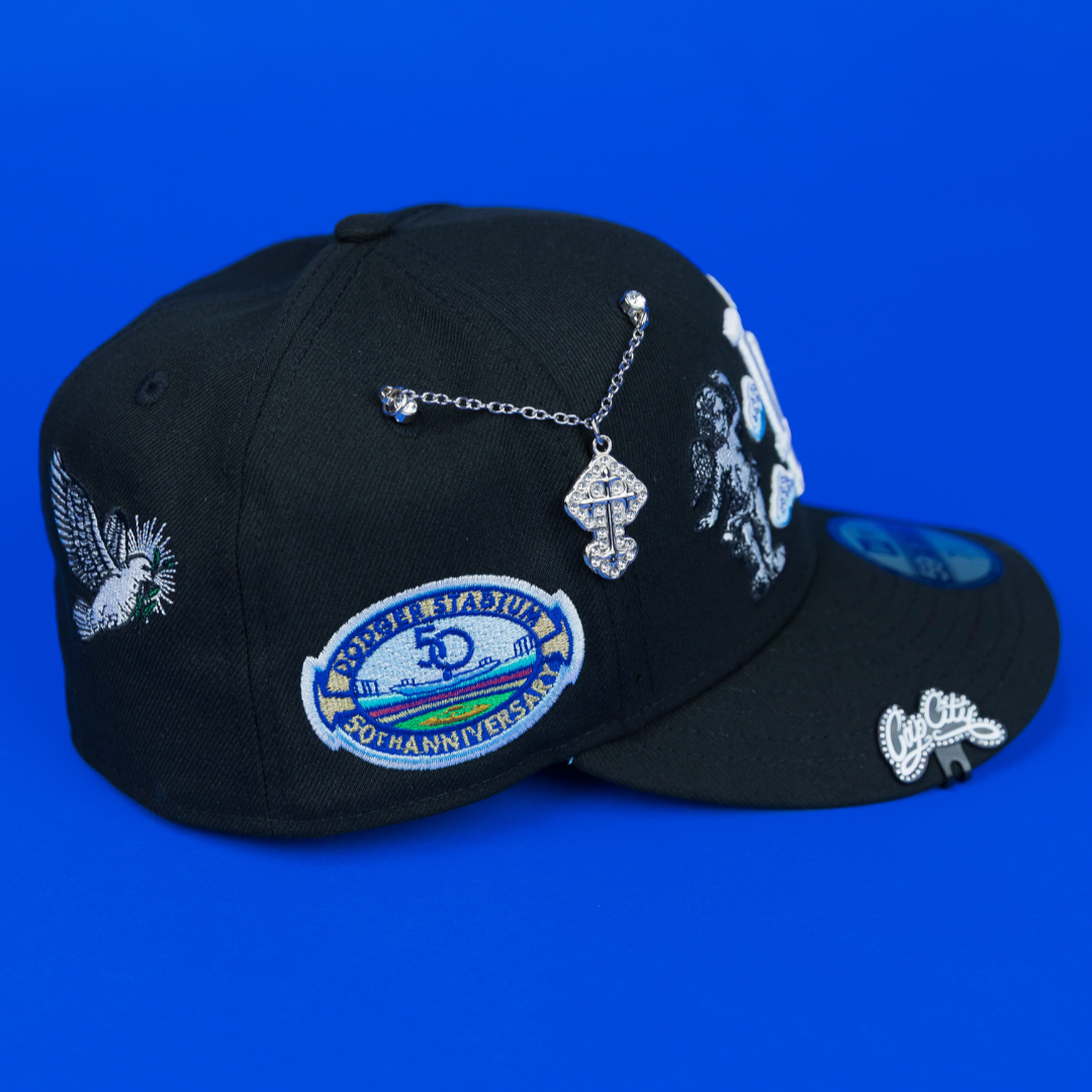 NEW ERA EXCLUSIVE 59FIFTY BLACK LOS ANGELES DODGERS "HEAVENLY CITY" W/ 50TH ANNIVERSARY SIDE PATCH *FREE BLIP INCLUDED