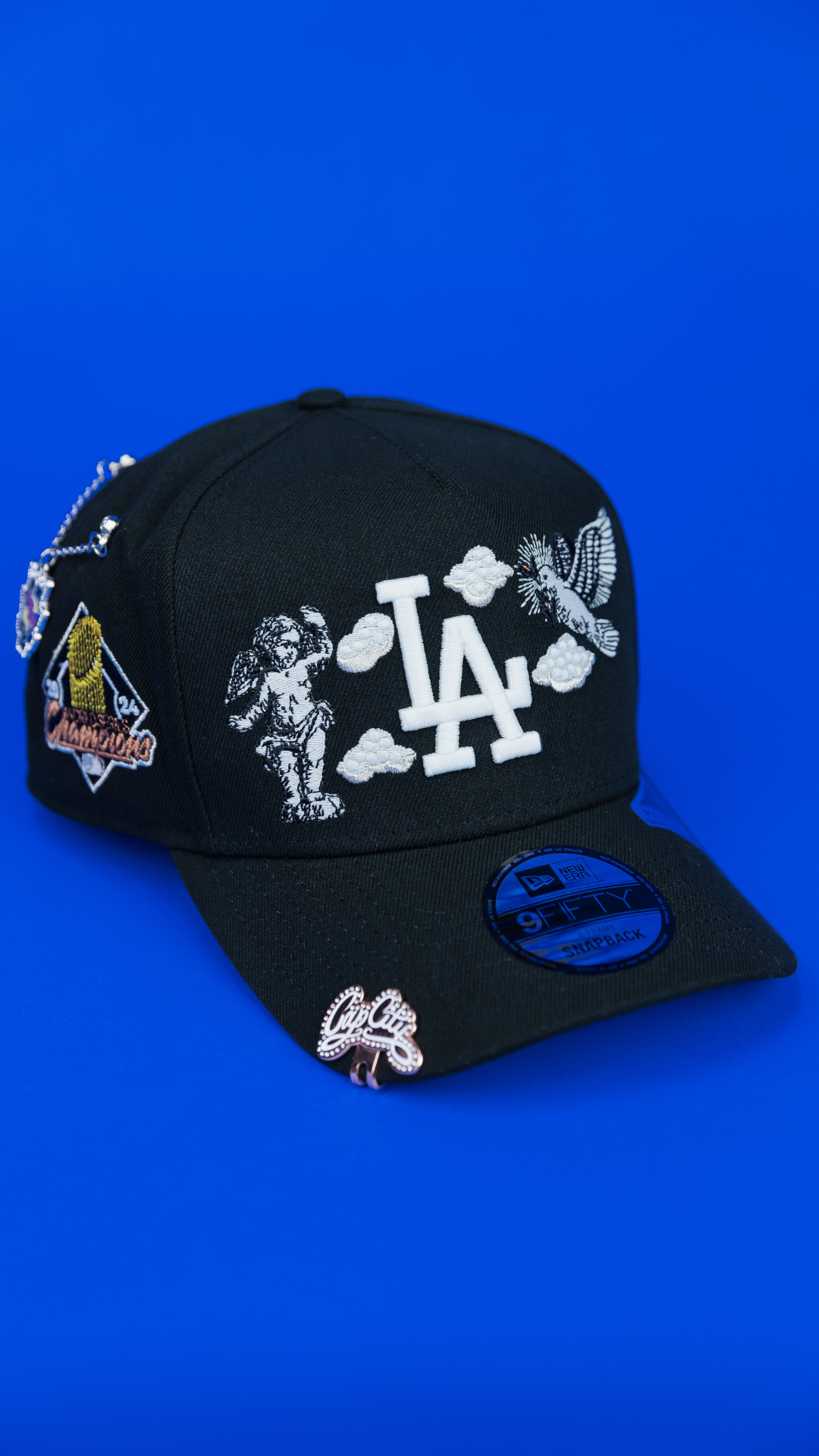 NEW ERA EXCLUSIVE 9FIFTY A-FRAME BLACK LOS ANGELES DODGERS "HEAVENLY CITY" W/ WORLD SERIES CHAMPIONS SIDE PATCH *FREE BLIP INCLUDED