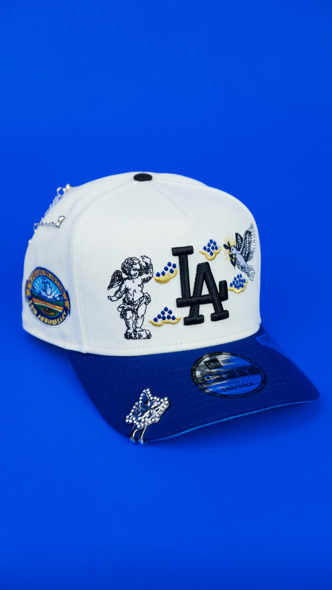 NEW ERA EXCLUSIVE 9FIFTY A-FRAME CHROME/ BLUE LOS ANGELES DODGERS "HEAVENLY CITY" W/ 50TH ANNIVERSARY SIDE PATCH *FREE BLIP INCLUDED