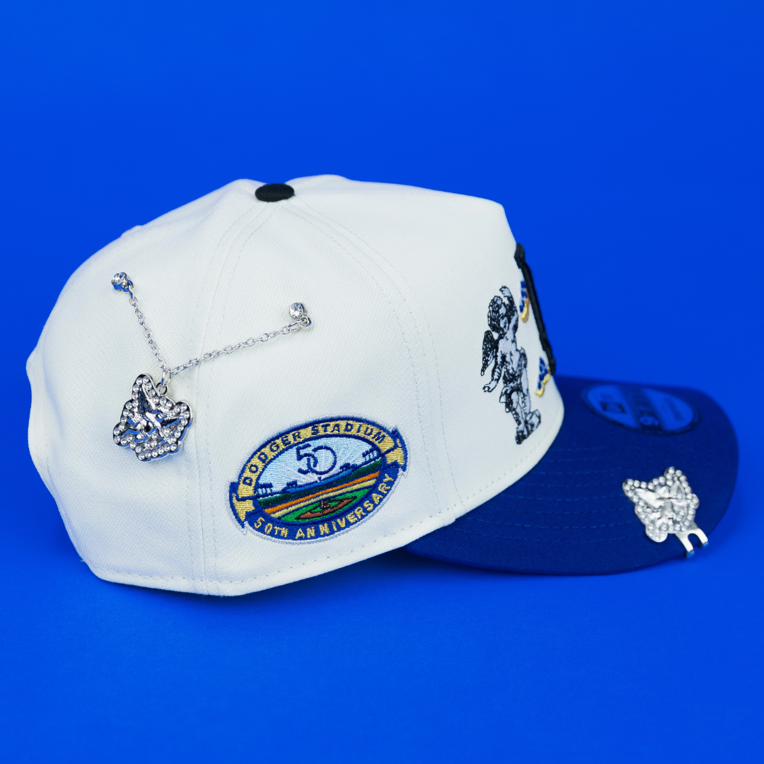 NEW ERA EXCLUSIVE 9FIFTY A-FRAME CHROME/ BLUE LOS ANGELES DODGERS "HEAVENLY CITY" W/ 50TH ANNIVERSARY SIDE PATCH *FREE BLIP INCLUDED