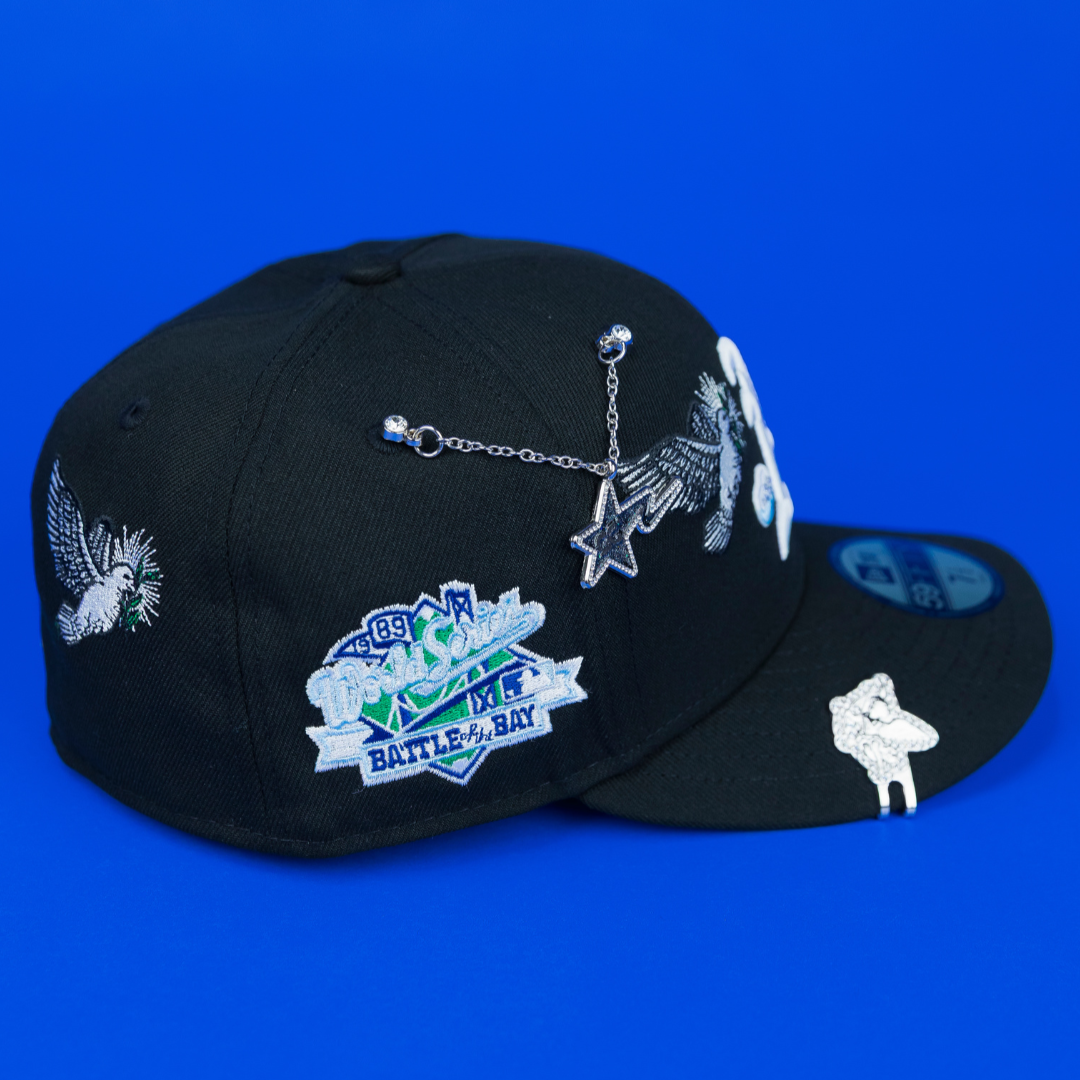 NEW ERA EXCLUSIVE 59FIFTY BLACK OAKLAND ATHLETICS "HEAVENLY CITY" W/ BATTLE OF THE BAY SIDE PATCH *FREE BLIP INCLUDED