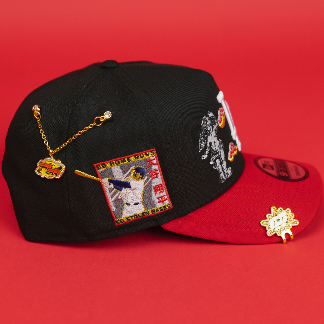 NEW ERA EXCLUSIVE 9FIFTY A-FRAME BLACK/ RED LOS ANGELES DODGERS "HEAVENLY CITY" W/ SHOHEI OHTANI 50-50 CLUB SIDE PATCH *FREE BLIP INCLUDED
