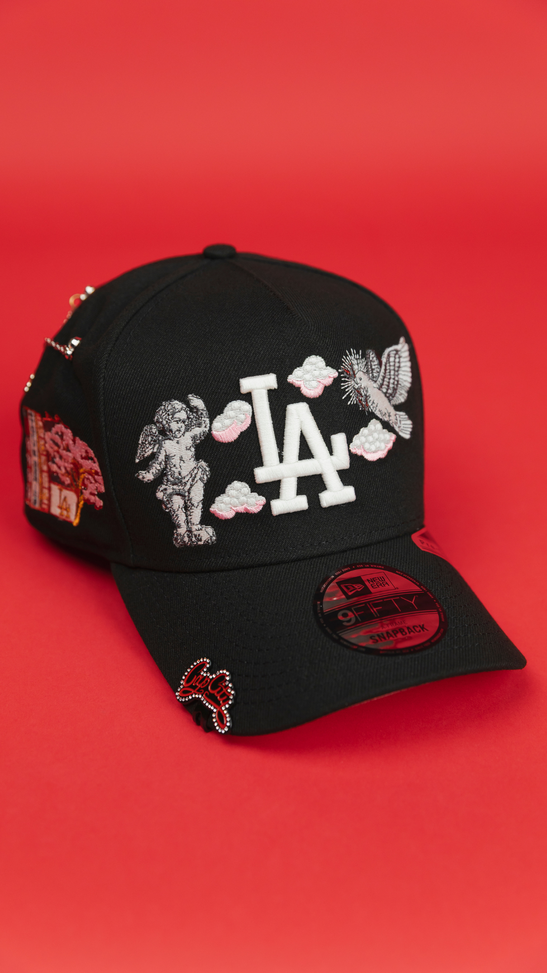NEW ERA EXCLUSIVE 9FIFTY A-FRAME BLACK LOS ANGELES DODGERS "HEAVENLY CITY" W/ JAPANESE PINK BLOSSOM SIDE PATCH *FREE BLIP INCLUDED