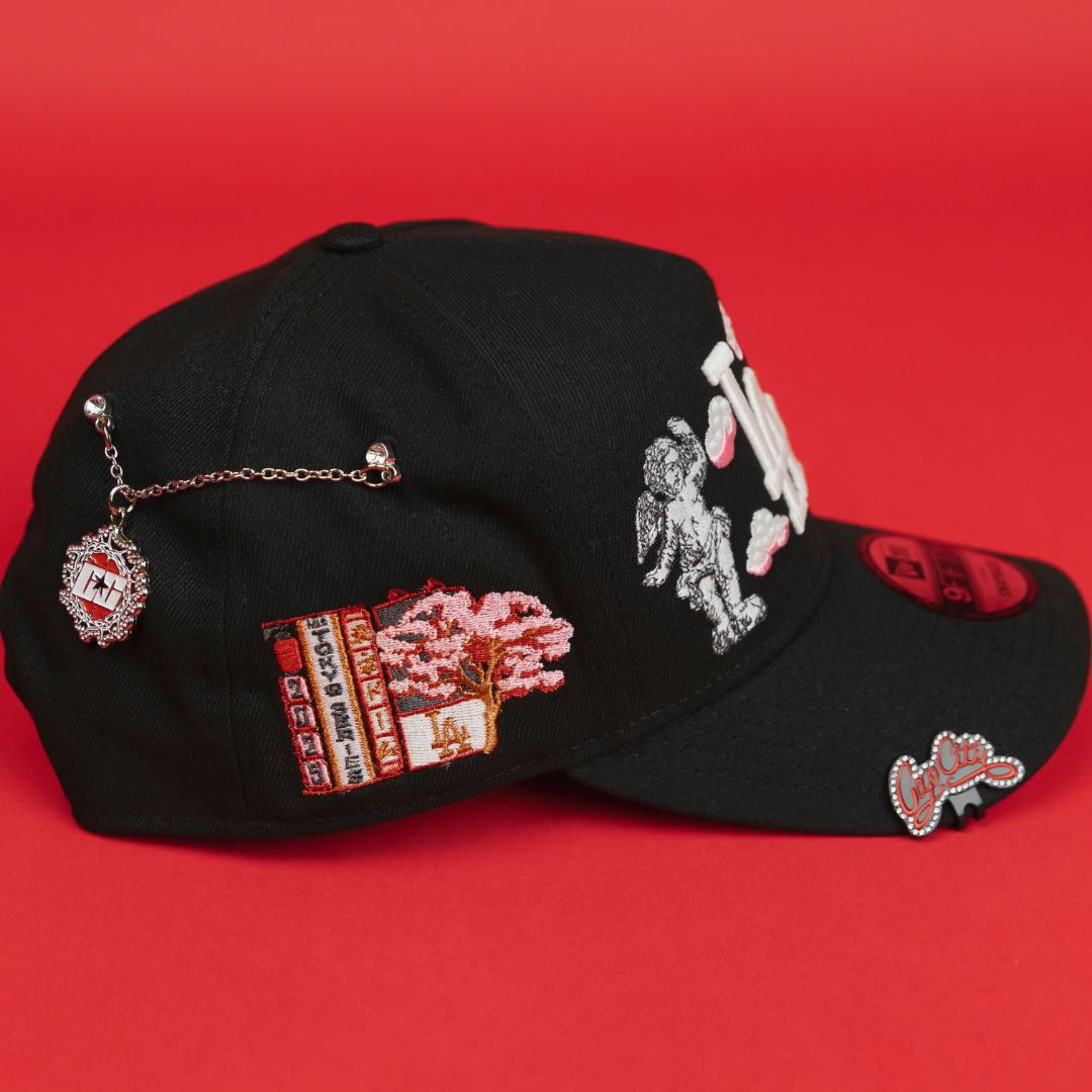 NEW ERA EXCLUSIVE 9FIFTY A-FRAME BLACK LOS ANGELES DODGERS "HEAVENLY CITY" W/ JAPANESE PINK BLOSSOM SIDE PATCH *FREE BLIP INCLUDED
