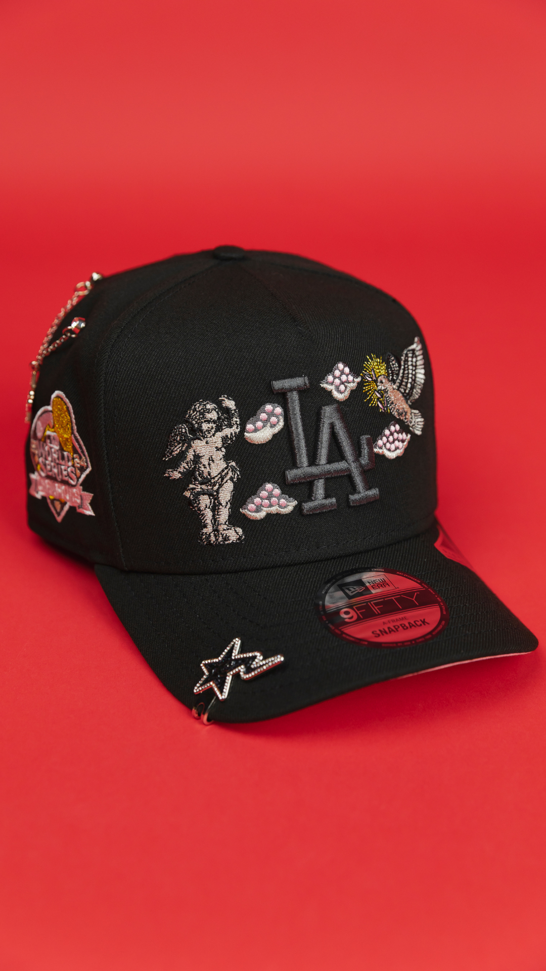 NEW ERA EXCLUSIVE 9FIFTY A-FRAME BLACKED OUT LOS ANGELES DODGERS "HEAVENLY CITY" W/ WORLD SERIES CHAMPIONS SIDE PATCH *FREE BLIP INCLUDED