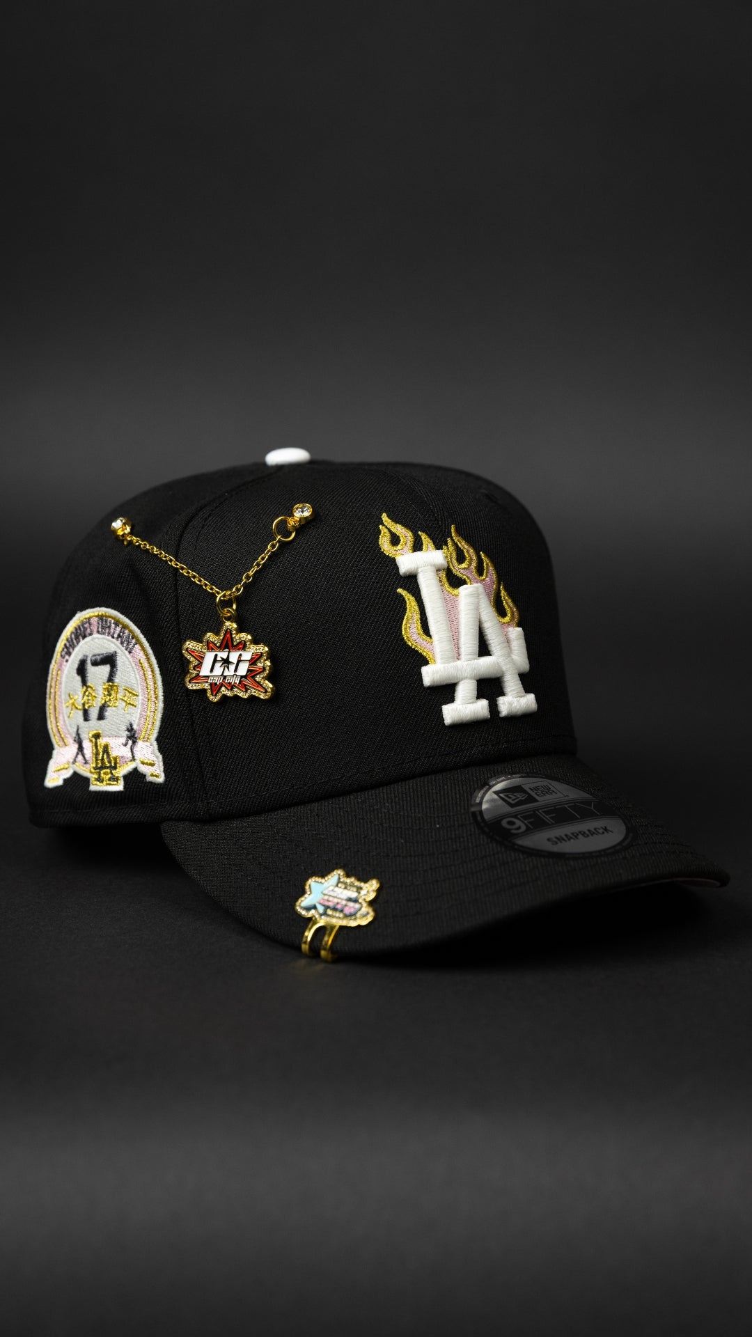 NEW ERA EXCLUSIVE 9FIFTY BLACK LOS ANGELES DODGERS SNAPBACK W/ FLAME LOGO + "SHOHEI OHTANI" SIDE PATCH