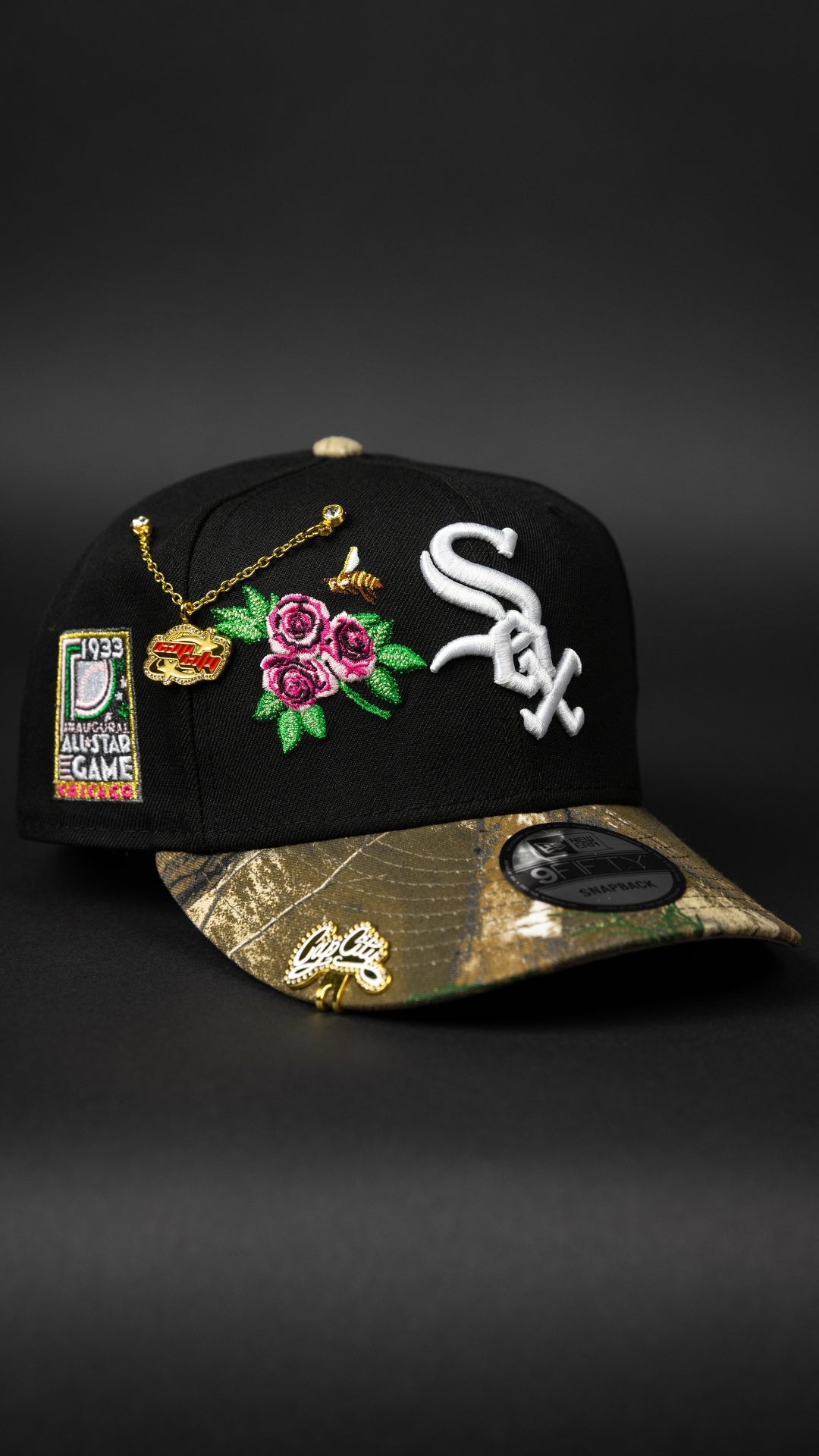NEW ERA EXCLUSIVE 9FIFTY BLACK/ REALTREE CHICAGO WHITE SOX W/ PINK ROSES + ALL STAR GAME SIDE PATCH