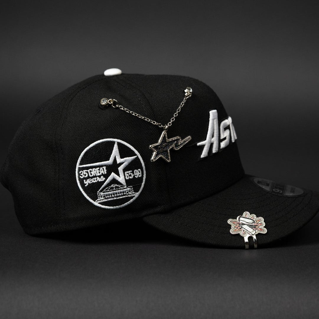 NEW ERA EXCLUSIVE 9FIFTY BLACK HOUSTON ASTROS SCRIPT SNAPBACK W/ 35 GREAT YEARS SIDE PATCH