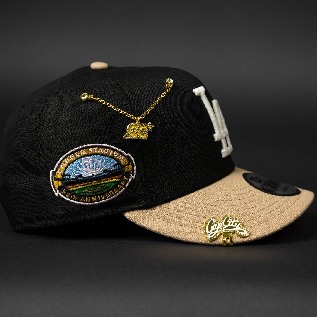 NEW ERA EXCLUSIVE 9FIFTY BACK/ BEIGE LOS ANGELES DODGERS SNAPBACK W/ PINK HEART + 50TH ANNIVERSARY SIDE PATCH