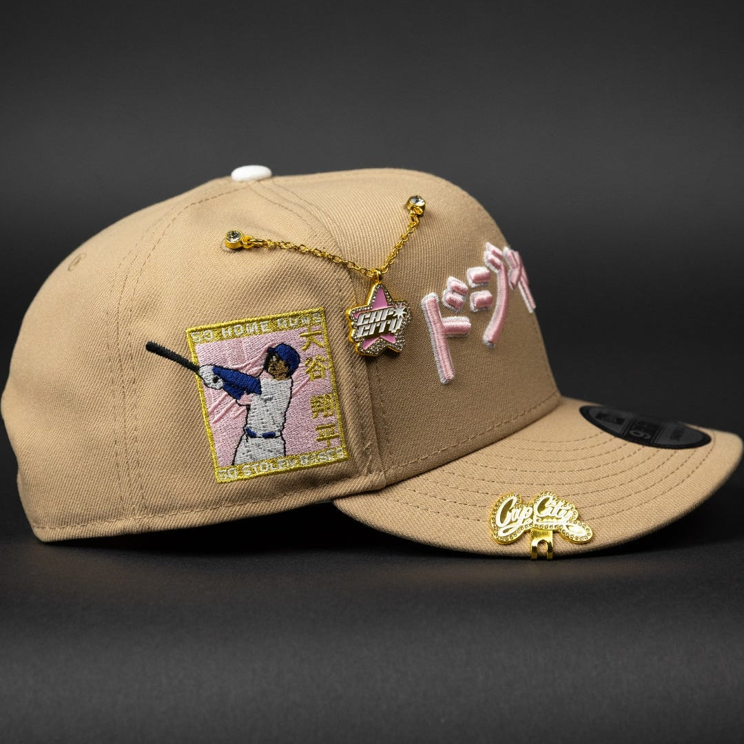 NEW ERA EXCLUSIVE 9FIFTY LIGHT KHAKI LOS ANGELES DODGERS SNAPBACK W/ JAPANESE SCRIPT + SHOHEI OHTANI 50-50 CLUB SIDE PATCH