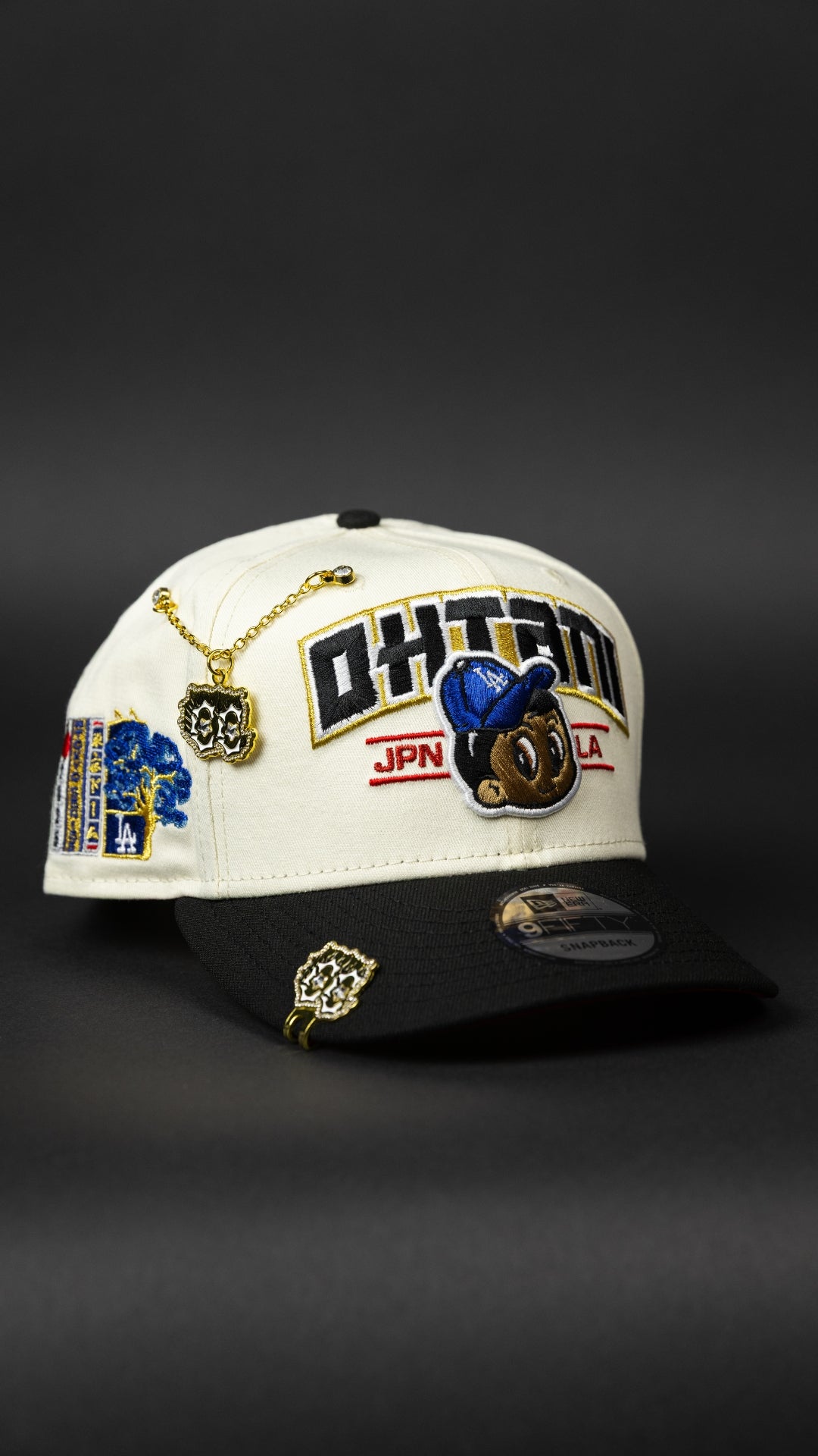 NEW ERA EXCLUSIVE 9FIFTY CHROME/ BLACK LOS ANGELES DODGERS SNAPBACK W/ SHOHEI OHTANI SCRIPT + JAPANESE BLUE BOLOSSOM SIDE PATCH