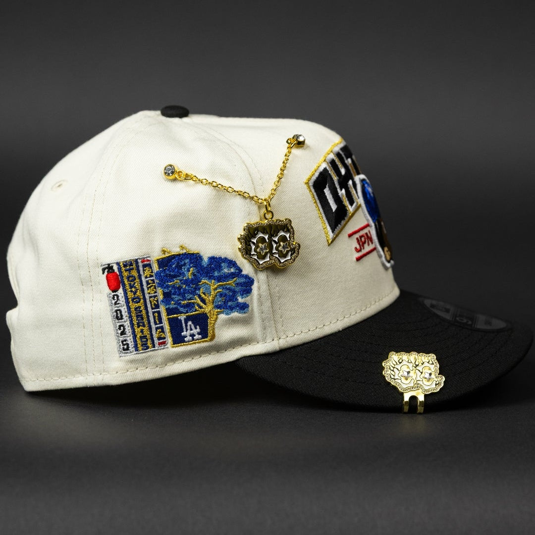 NEW ERA EXCLUSIVE 9FIFTY CHROME/ BLACK LOS ANGELES DODGERS SNAPBACK W/ SHOHEI OHTANI SCRIPT + JAPANESE BLUE BOLOSSOM SIDE PATCH