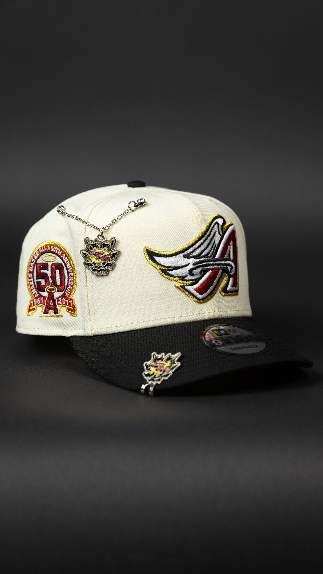 NEW ERA EXCLUSIVE 9FIFTY CHROME/ BLACK ANAHEIM ANGELS SNAPBACK W/ 50TH ANNIVERSARY SIDE PATCH