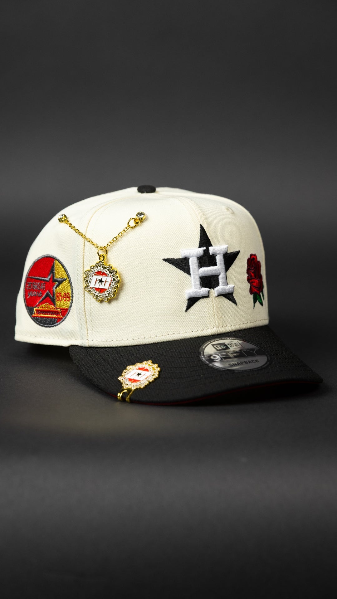 NEW ERA EXCLUSIVE 9FIFTY CHROME/ BLACK HOUSTON ASTROS SNAPBACK W/ RED ROSE + 35TH ANNIVERSARY SIDE PATCH