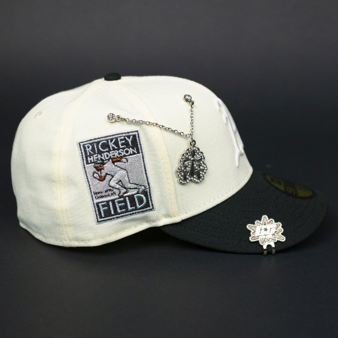 NEW ERA EXCLUSIVE 59FIFTY CHROME/ BLACK OAKLAND ATHLETICS W/ RICKEY HENDERSON SIDE PATCH