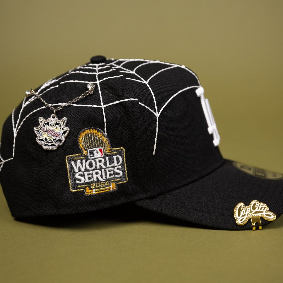 NEW ERA EXCLUSIVE 9FIFTY A-FRAME BLACK LOS ANGELES DODGERS SNAPBACK W/ SPIDER WEB + 2024 WORLD SERIES SIDE PATCH