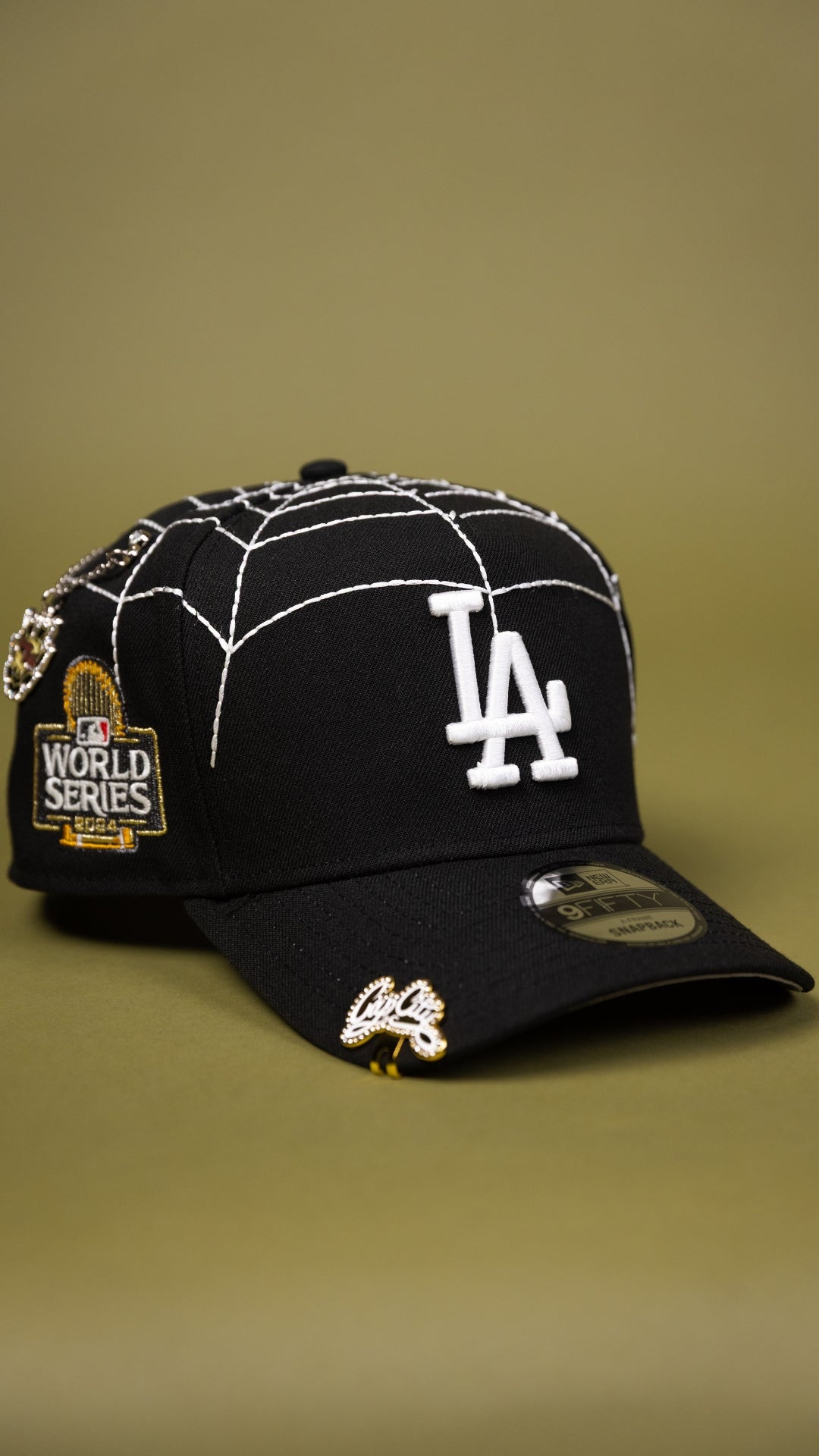 NEW ERA EXCLUSIVE 9FIFTY A-FRAME BLACK LOS ANGELES DODGERS SNAPBACK W/ SPIDER WEB + 2024 WORLD SERIES SIDE PATCH