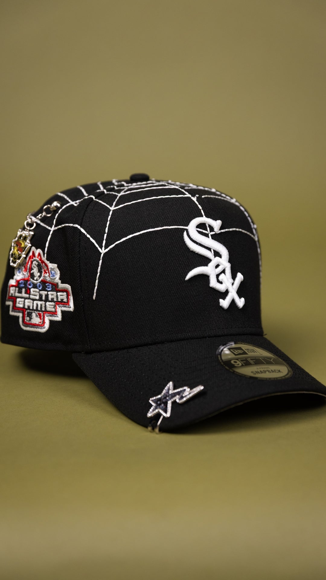 NEW ERA EXCLUSIVE 9FIFTY A-FRAME BLACK CHICAGO WHITE SOX SNAPBACK W/ SPIDER WEB + 2003 ALL STAR GAME SIDE PATCH